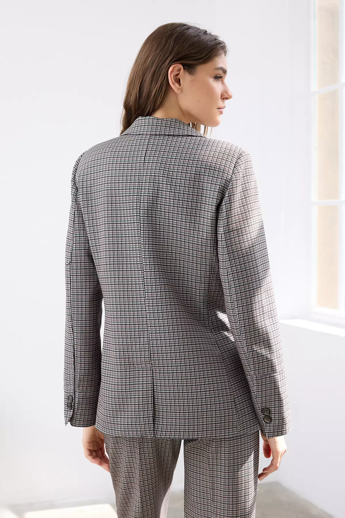 Brown Houndstooth Patterned Regular/Normal Pattern Woven Blazer Jacket