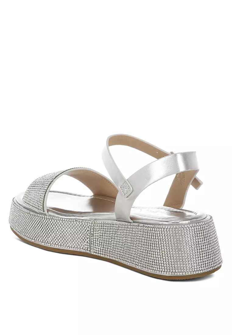 Sandal Platform Berhias Berlian Imitasi Warna Perak
