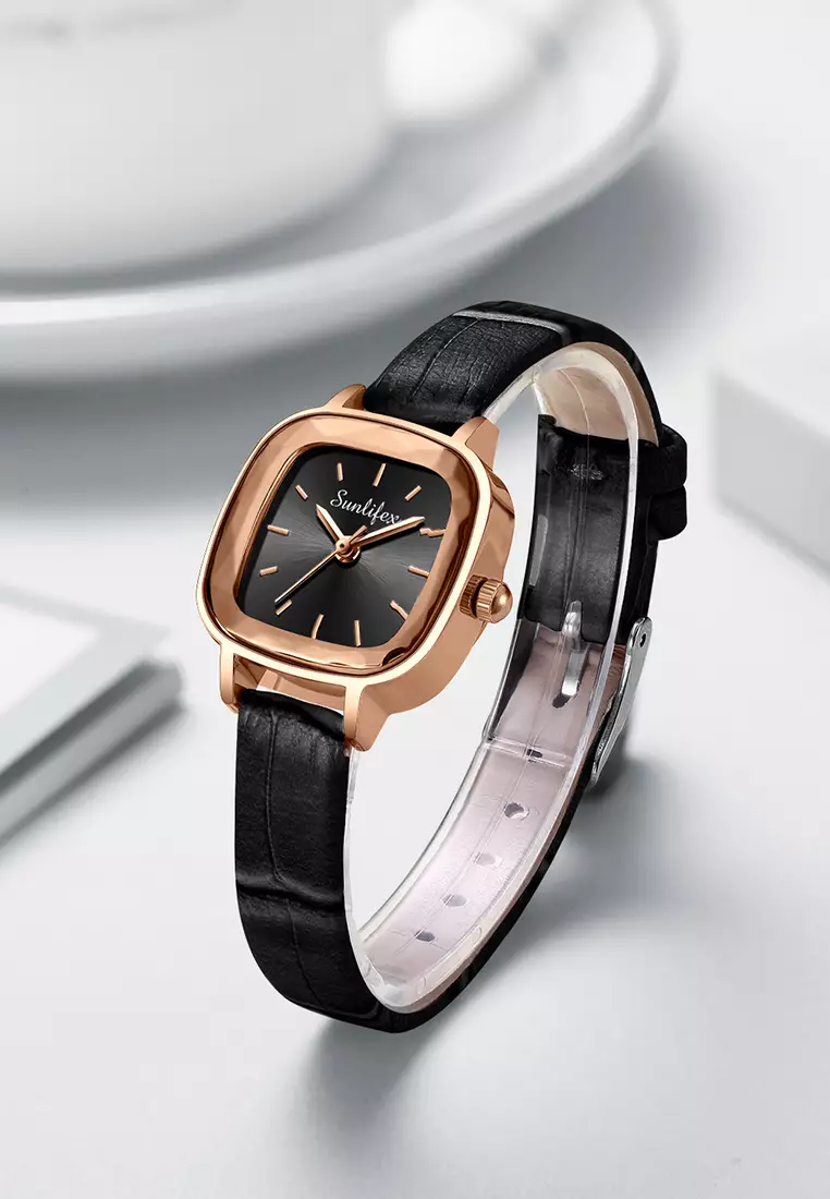 Jam Tangan Wanita 8003 Kuarsa Santai Anggun Jam Wanita Kecil Tali Kulit Jam Tangan Cewek black