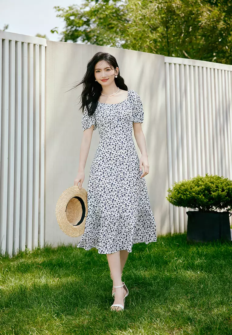 Puff Sleeve Square Neck Summer Floral Midi Dress