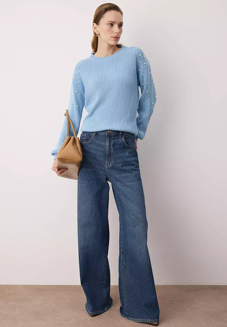 Light Blue Pearl Detailed Crew Neck Knitwear Sweater Twoaw22Kz1493