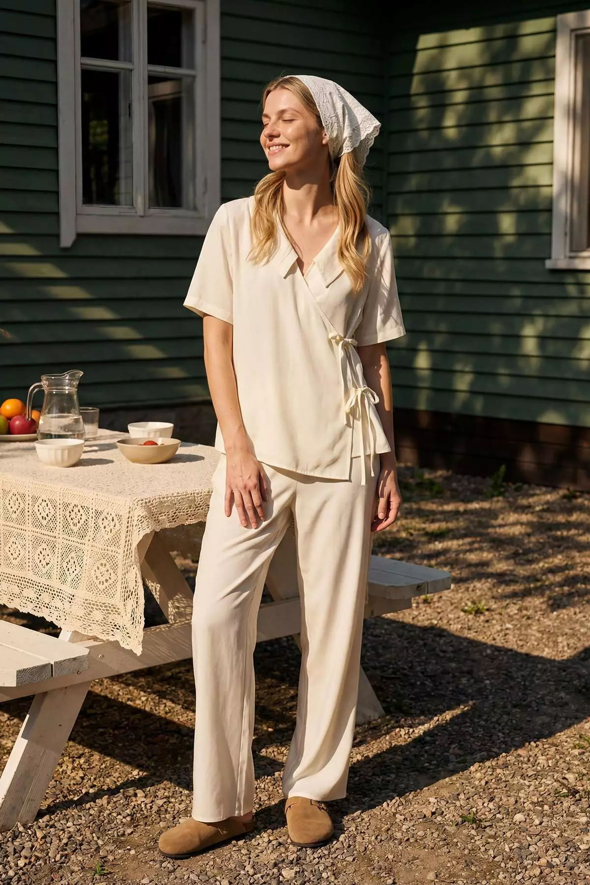 Ecru Double-Breasted Collar Tie Detail Viscose Woven Pajama Set Thmss26Pt29