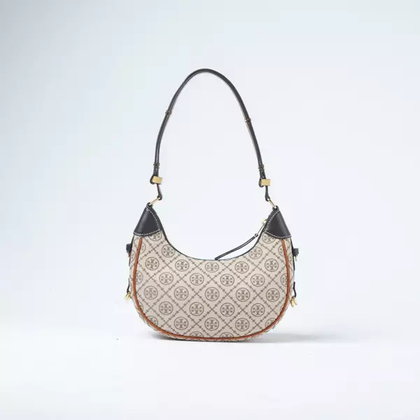 Tas TORY BURCH CRESCENT MONOGRAM BROWN BEIGE SHOULDER BAG 100% ORIGINAL