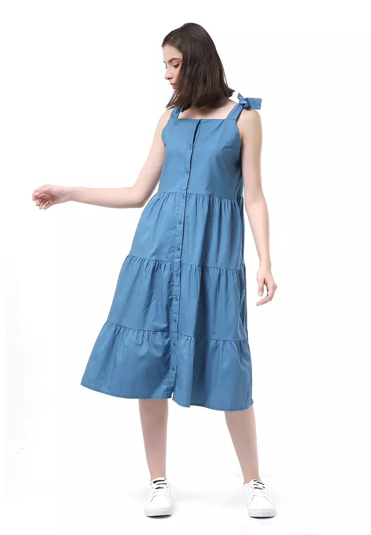 Rachel Dress Ruffle Wanita Tanpa Lengan Full Kancing Stylish Material Cotton ORIGINAL - Blue