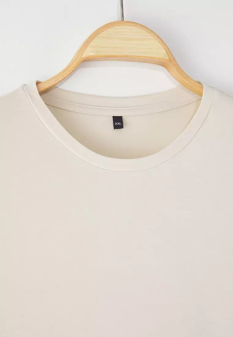 Beige Crew Neck Modal Flowy Comfortable Plus Size T-Shirt Tbbss25Bf00054