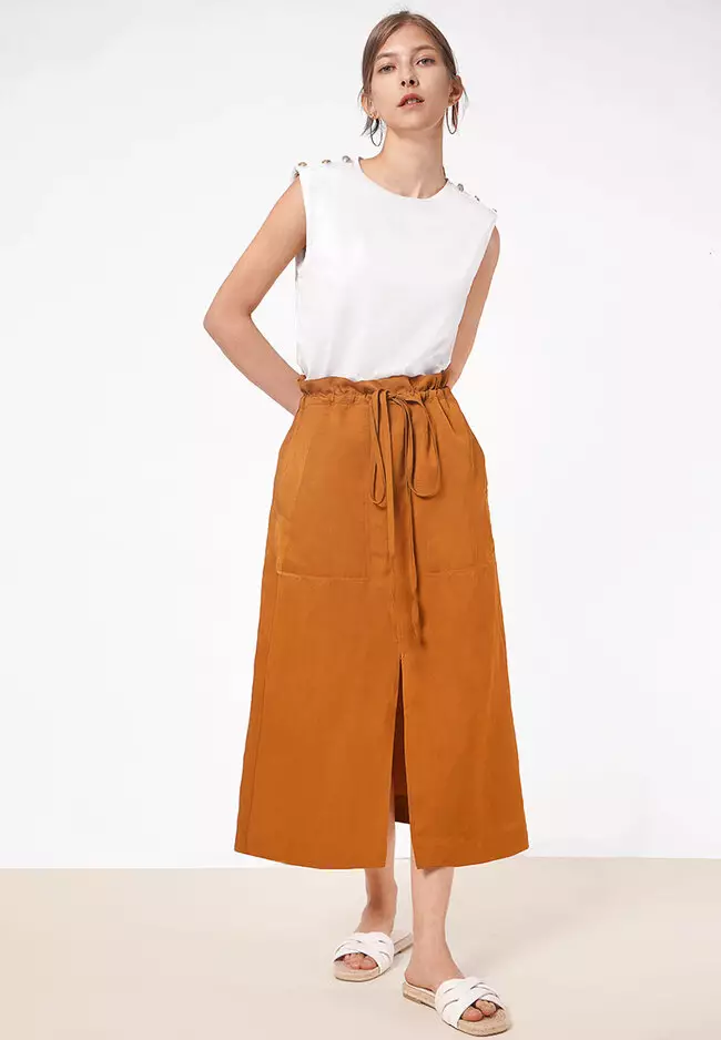 Drawstring Waist Split Hem Midi Skirt