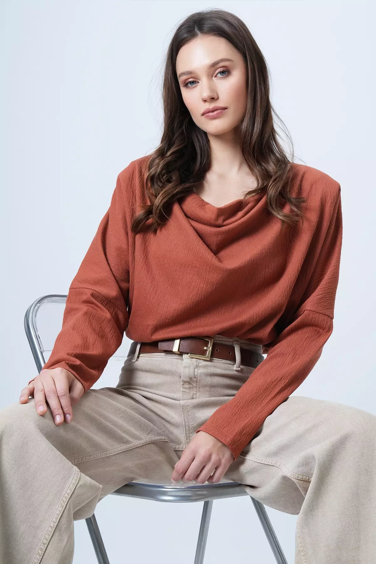 Tile Patterned Collar Wide Cut Knitted Blouse Alc-X13126