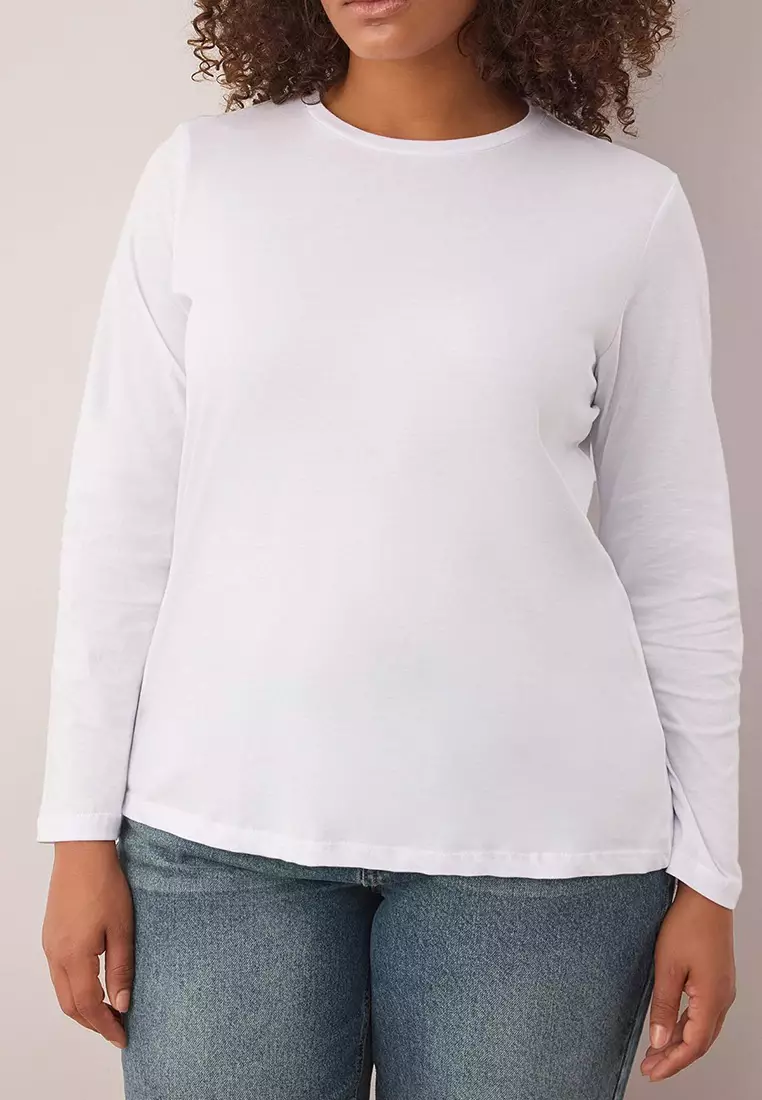 White 100% Cotton Long Sleeve Crew Neck Regular Basic Knitted Plus Size T-Shirt Tbbaw26Bf00000