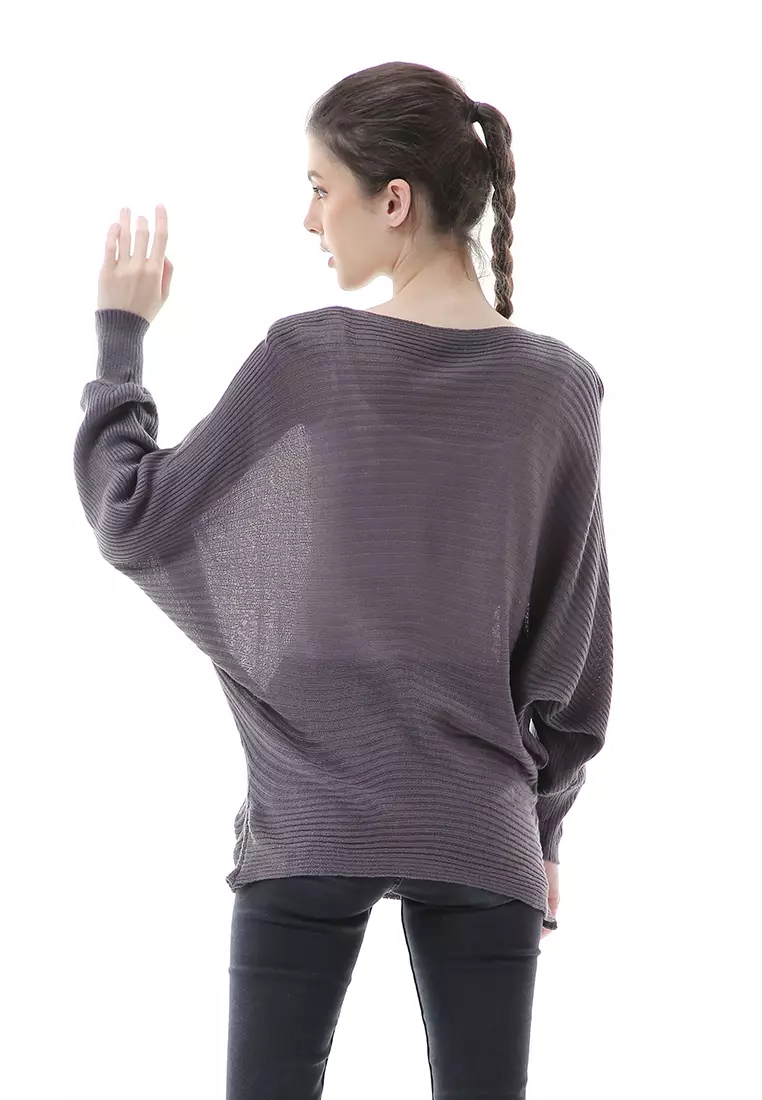 Eveline Sweater Rajut Batwing Atasan Wanita Motif Polos High Quality - Abu Tua