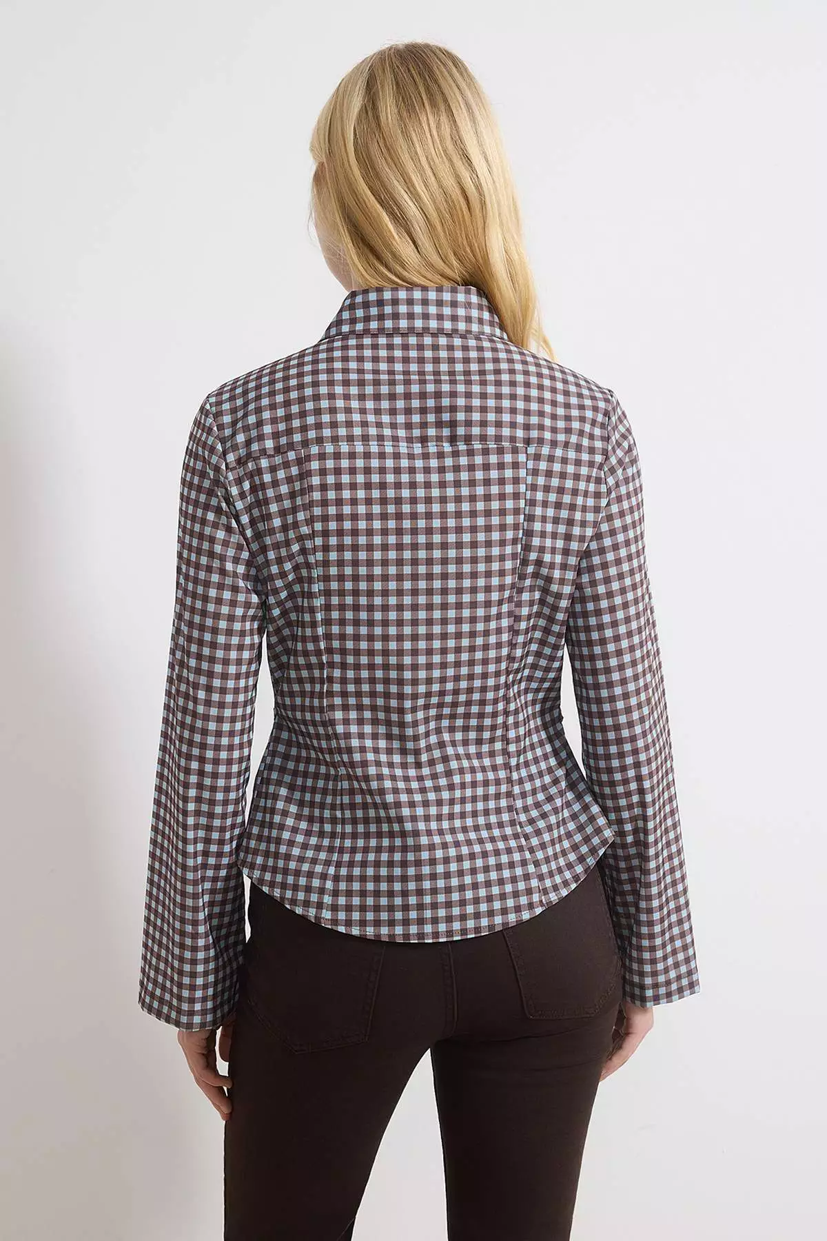 Blue-Multicolor Checkered Waist Adjustable Lightweight Waist-Fitting Wide Sleeves Shirt Twoaw26Go13