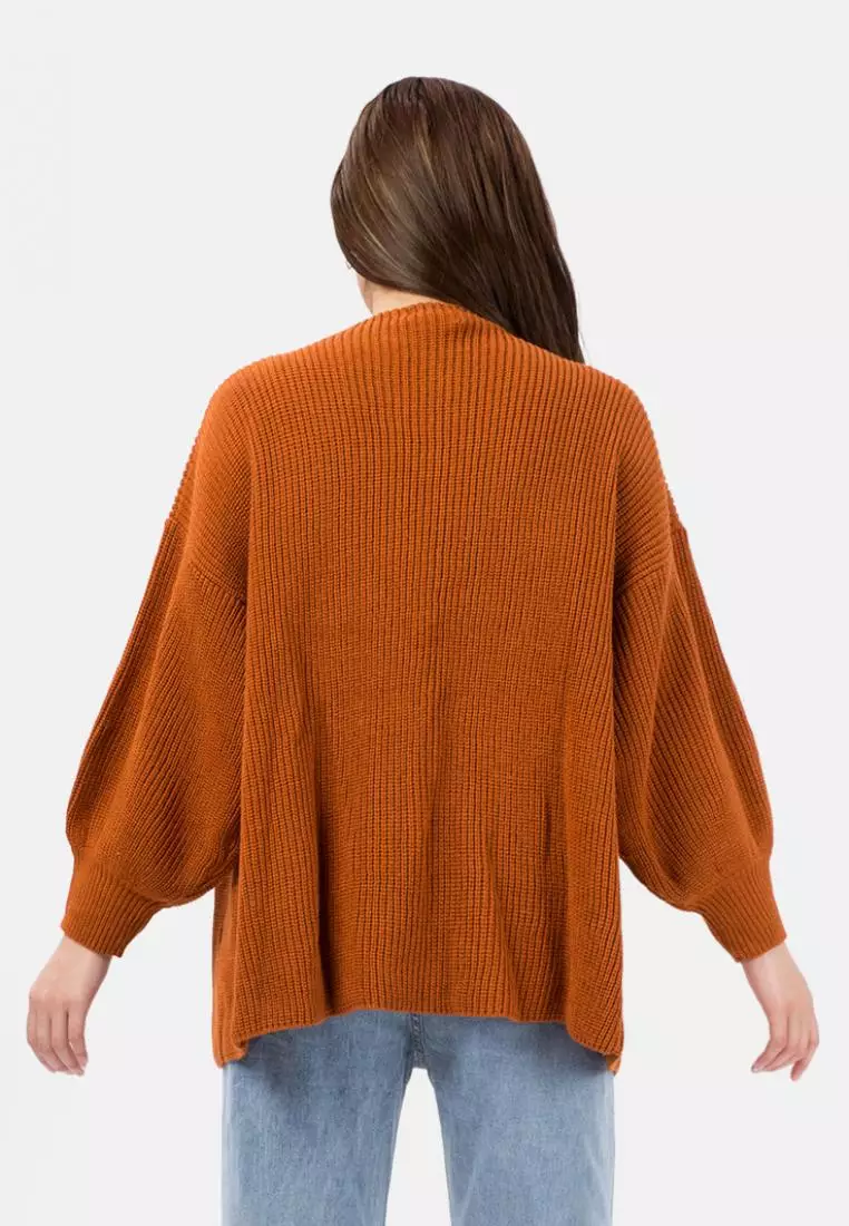 Balloon Sleeve Knit Cardigan in Terracotta