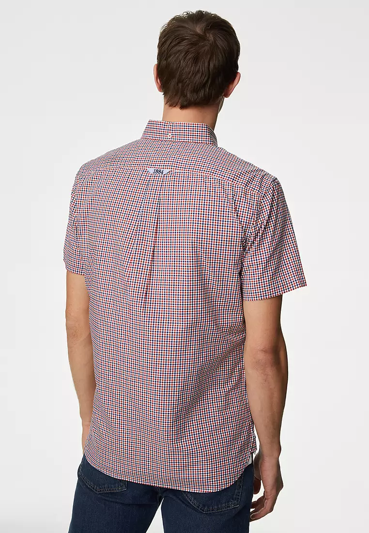 Easy Iron Cotton Stretch Gingham Check Oxford Shirt