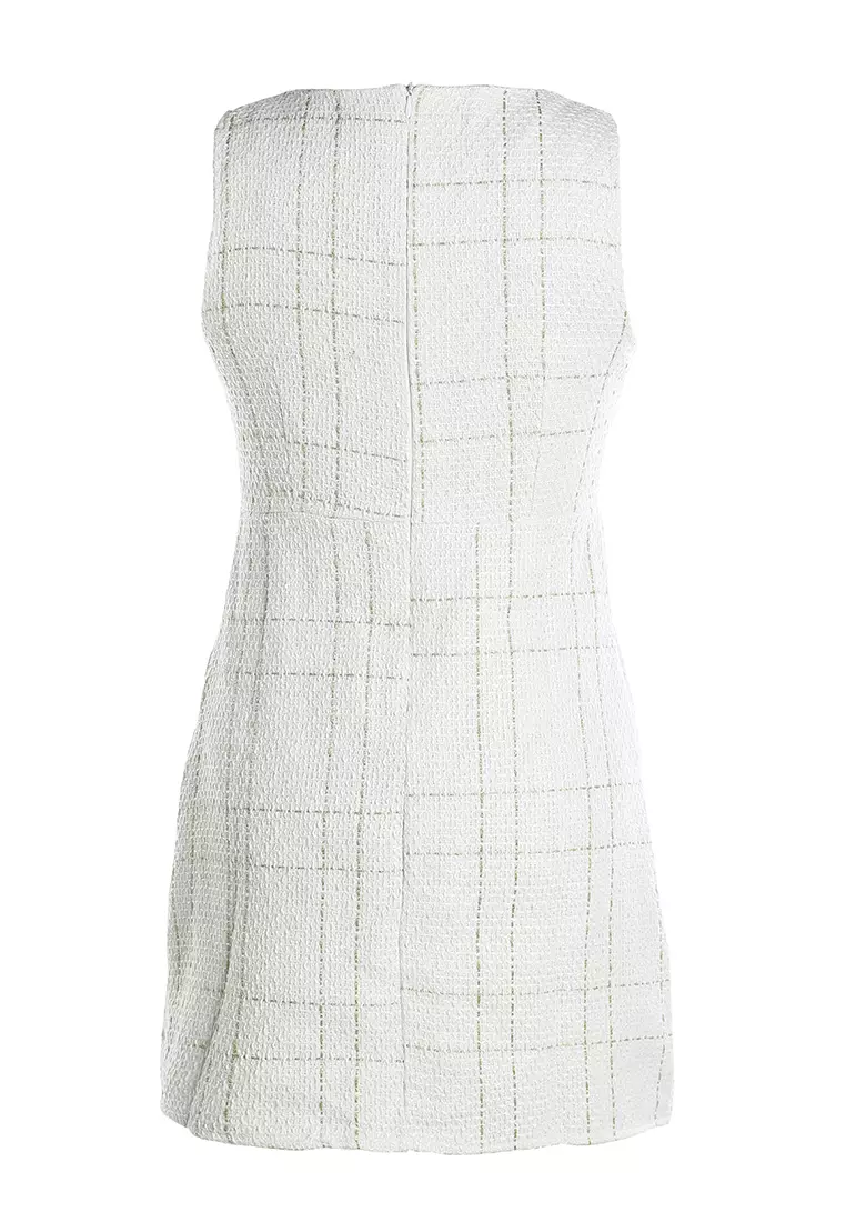 灰白色無袖梭織有蓋口袋迷你連身裙