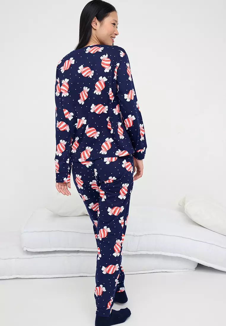 Teen Navy Blue 100% Cotton Fun Candy Printed Knitted Pajama Set Thmaw26Pt00018