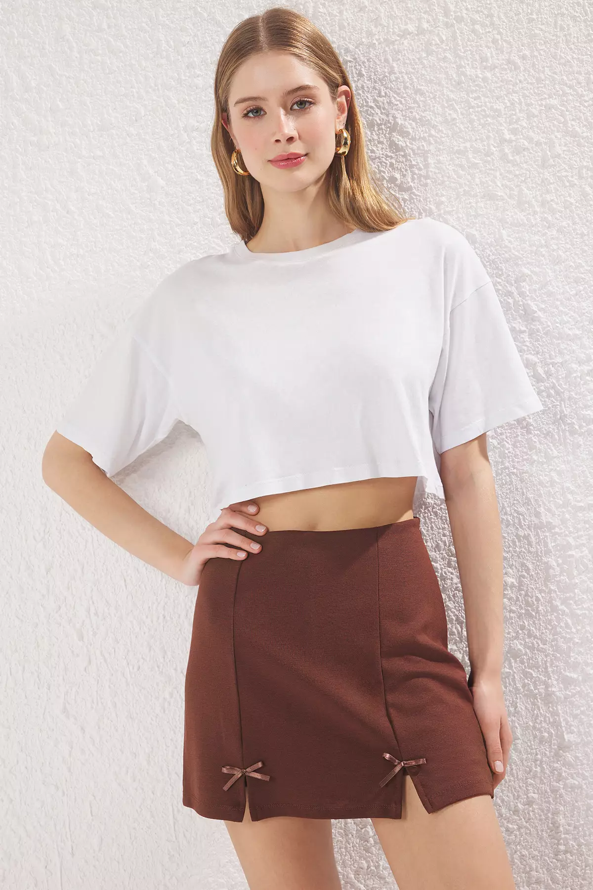 Buy Trendyol Brown Bow and Slit Detailed Mini Knitted Shorts Skirt