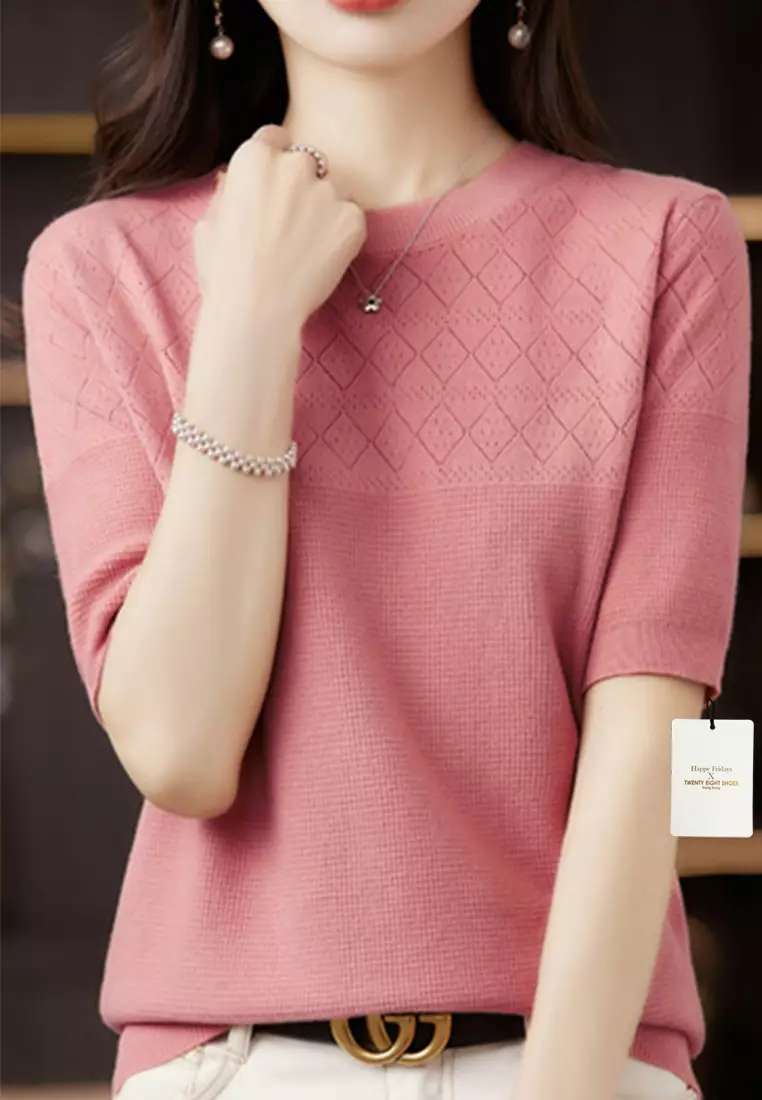 Rhombus Hollow Out Pattern Short Sleeve Knit Top JW QT-291