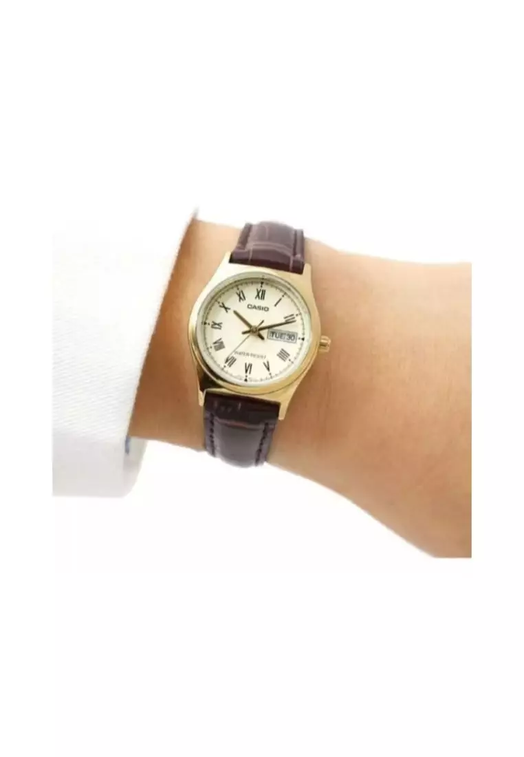 Women's Analog Watch LTP-V006GL-9B Gold Dial with Brown Leather Band Ladies Watch