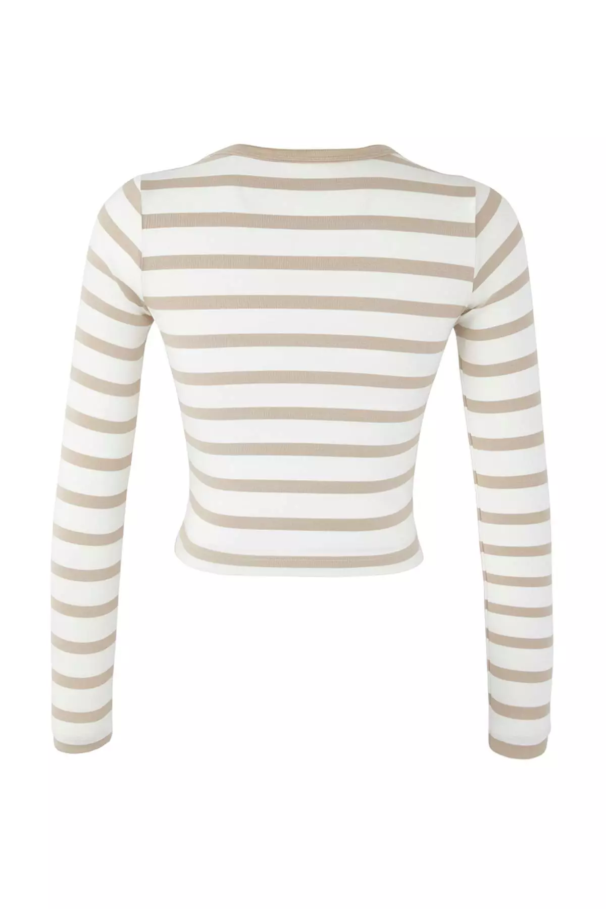 Stone-Ecru Striped Premium Viscose Soft Fabric Fitted Crop Flexible Knit Blouse