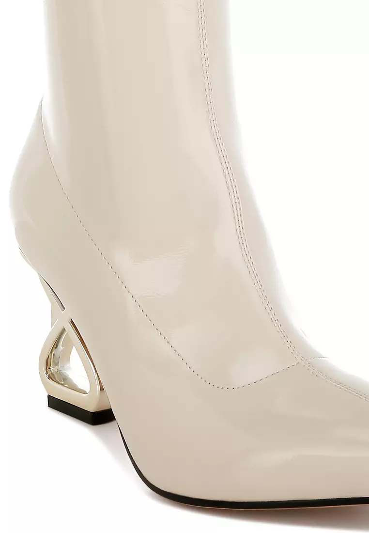 Fantasy Heel Patent Faux Leather Boots in Beige
