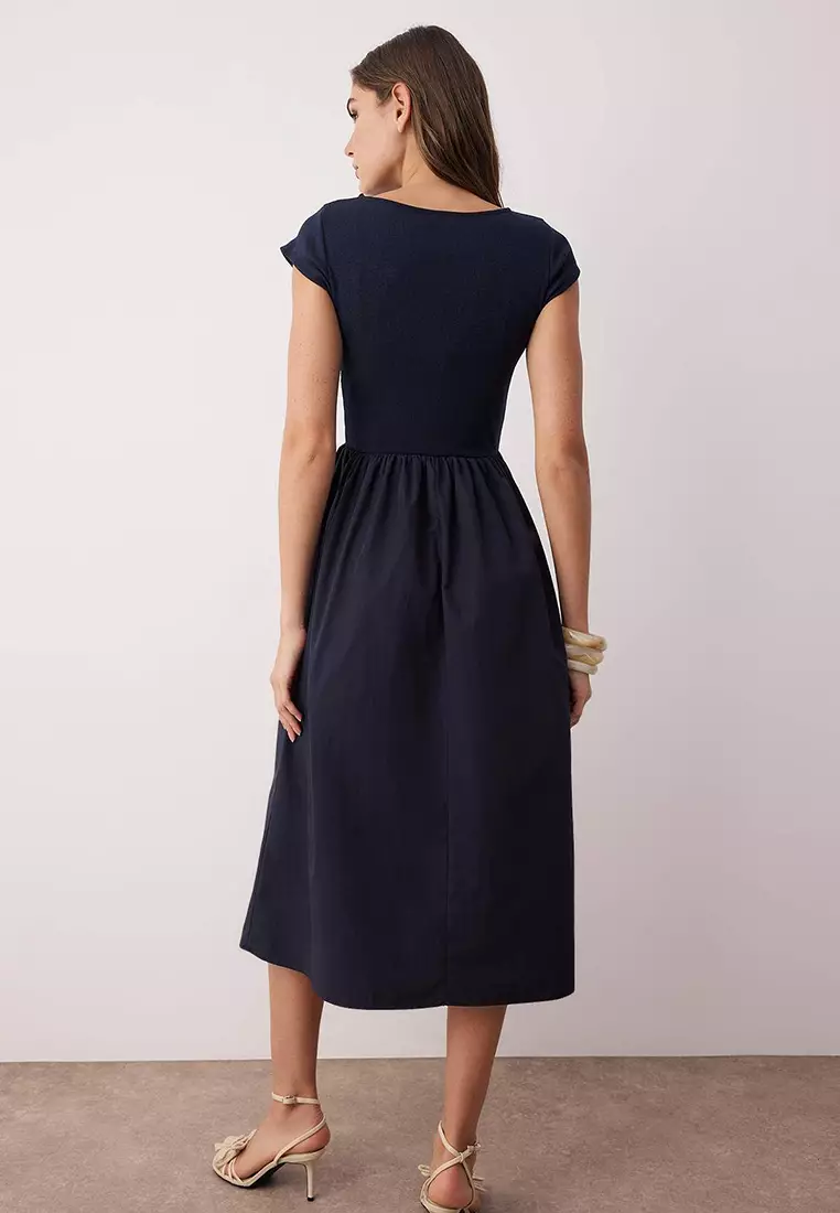 Navy Blue Elastic Ribbed Top And Wide Bottom Terrycotton Contrast Woven Dress