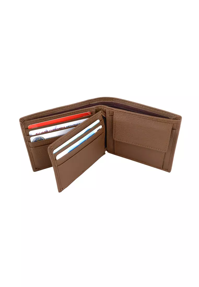 Men's RFID Genuine Leather Bi Fold Center Flap Short Wallet With Coin Compartment