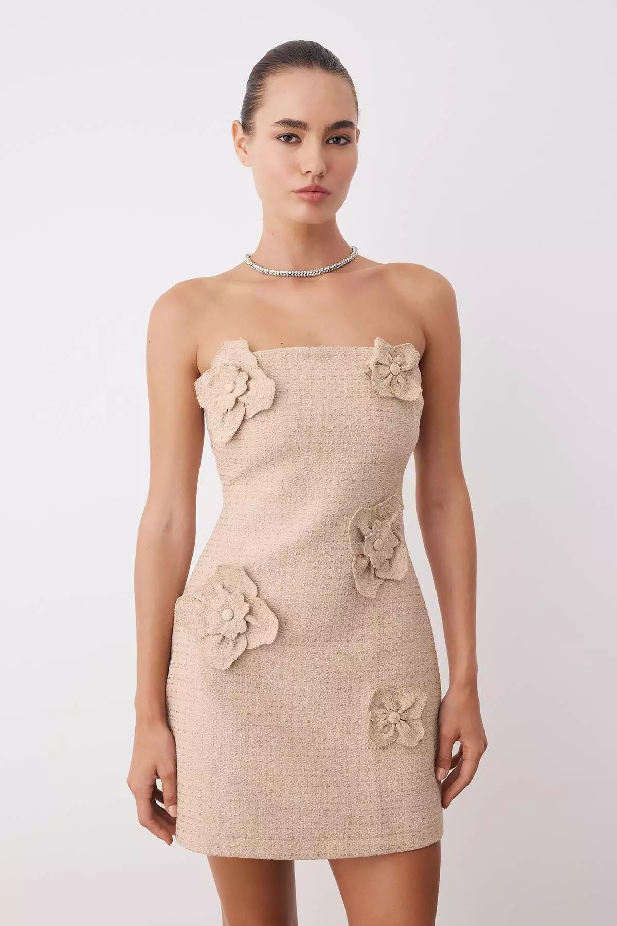 Mink Plain Applique Flower Detailed Woven Tweed Short Mini Dress Tpraw26El00036