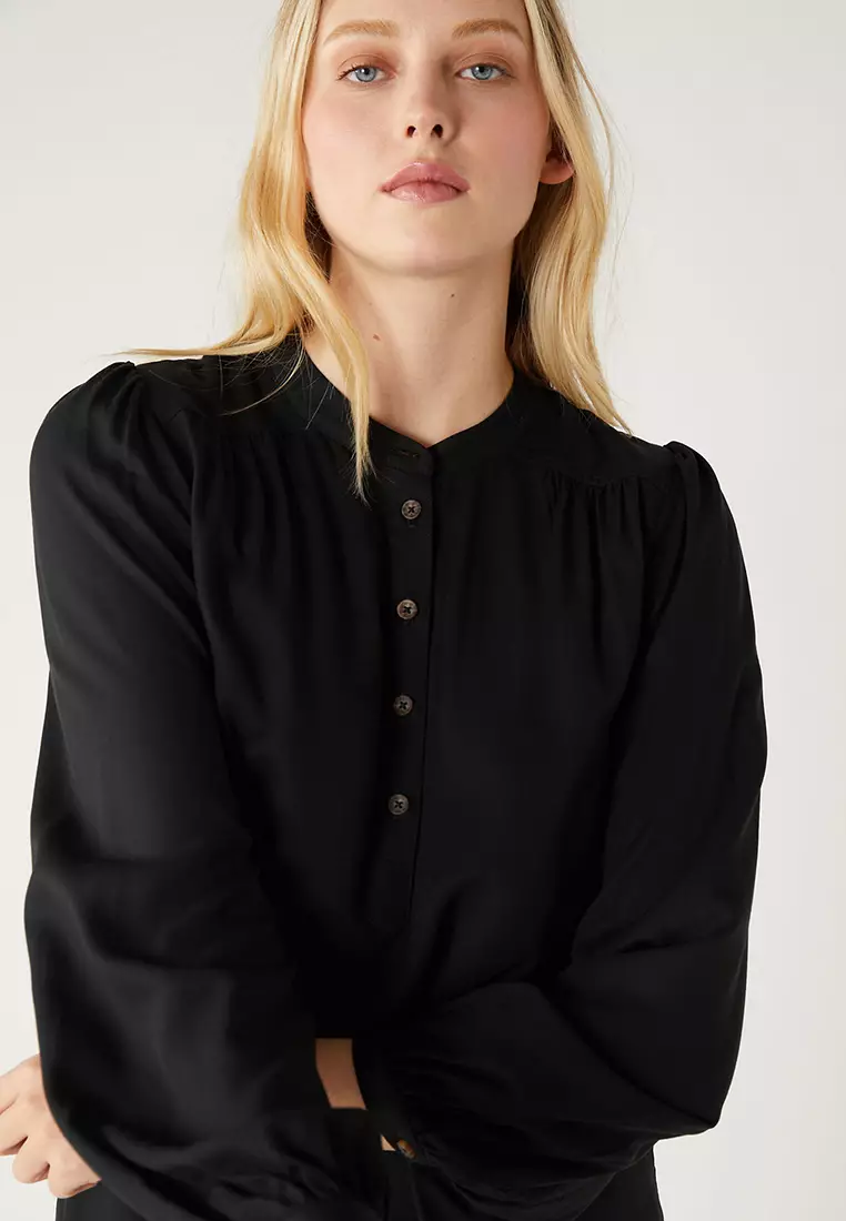 V-Neck Button Front Knee Length Shift Dress