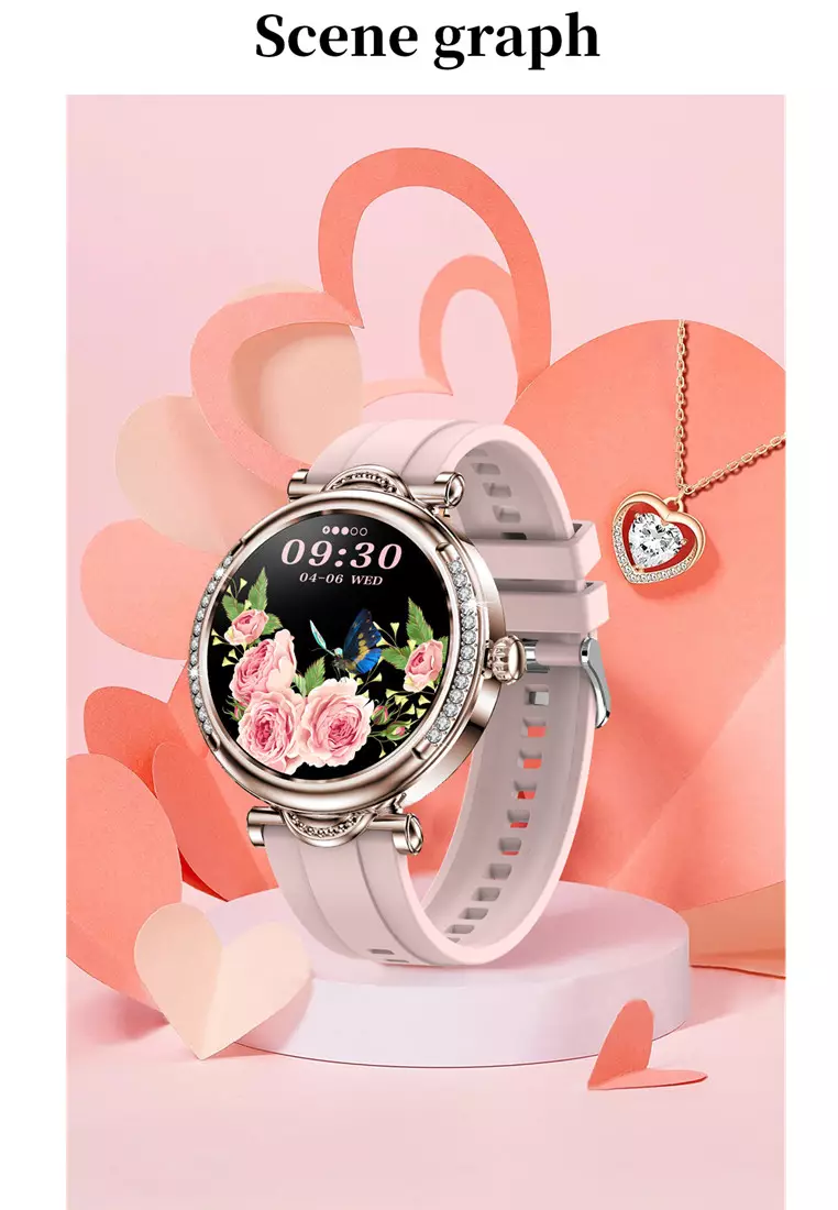 SmartWatch Wanita CF32 Luxury Berlian Layar Terang 1.27'' HD Bluetooth Call Jam Pintar pink dengan gelang gratis