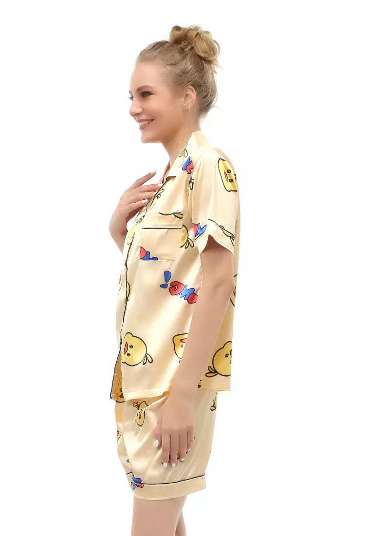 Vance Setelan Baju Tidur Wanita Lengan Pendek Motif Piyo Material Satin ORIGINAL - Yellow