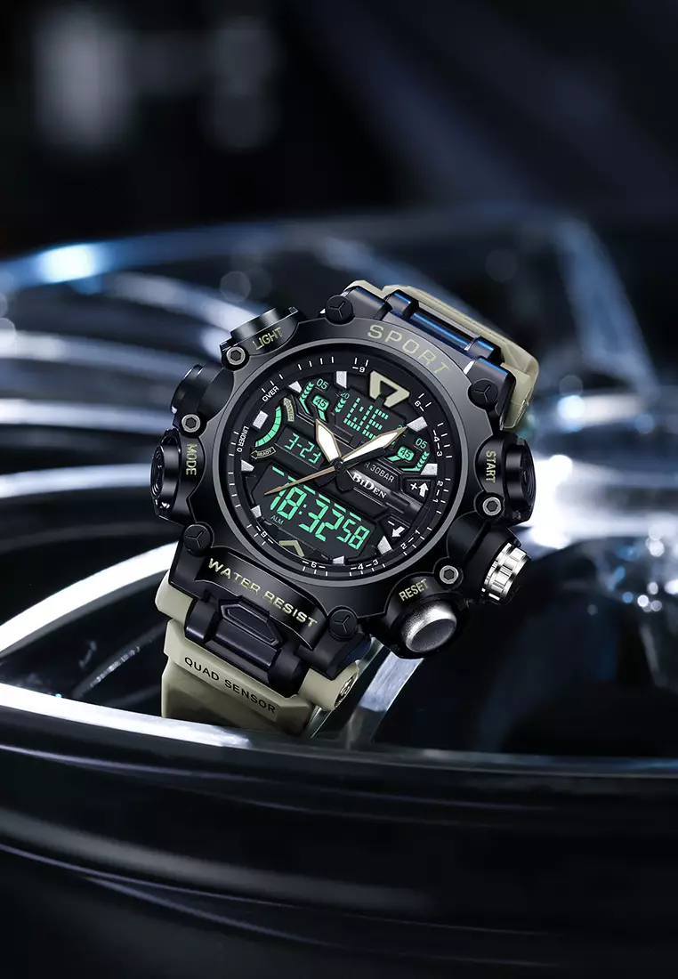 Jam Tangan Pria Digital Anti Air Original Olahraga Multifungsi Bercahaya Alarm Jam Tangan Cowok khaki
