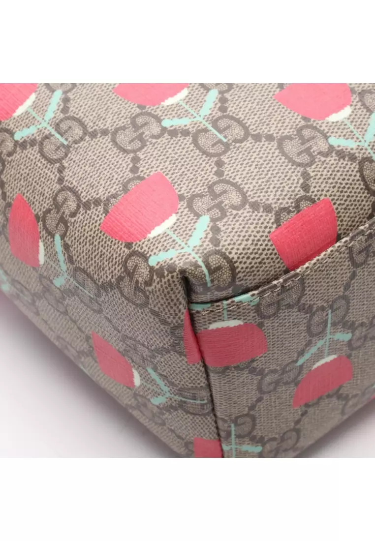 Pre-Loved Gucci Children's GG Supreme Kim Seung-yeon flower print Backpack rucksack PVC leather beige Pink purple