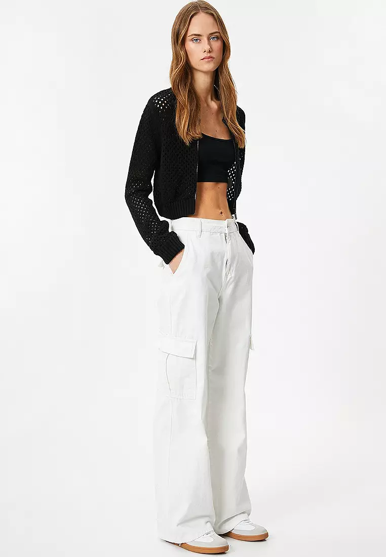 Openwork Zippered Crop Knitwear Cardigan