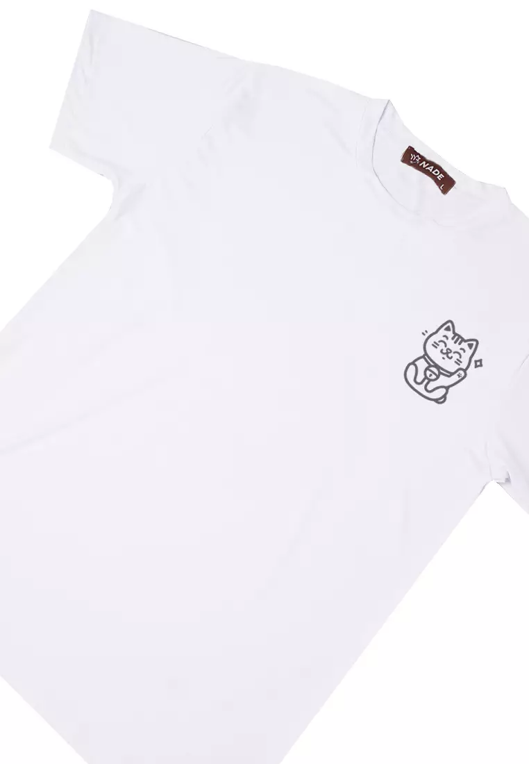 NTD63 Kaos Stretch Anti Kusut Gym Lycra Instadry "Lucky Cat" Putih