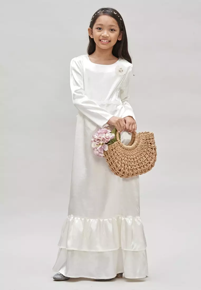 Girl OffWhite Dress with Flower Brooch Baju Hari Raya