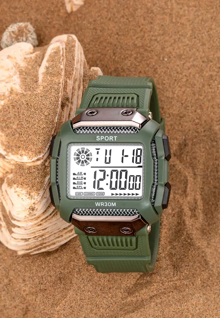 Jam Tangan Pria Square Digital Original Sports Anti Air Tali Silikon Jam Tangan Cowok AllGreen