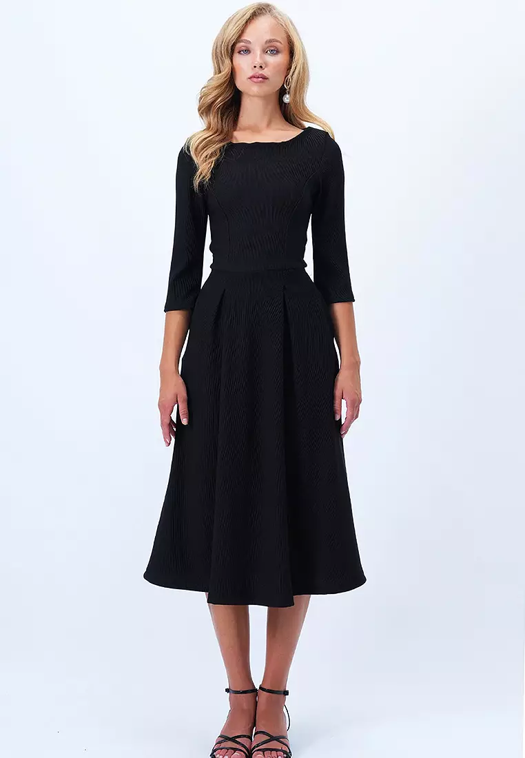 Boat Neck Flared Midi Dress