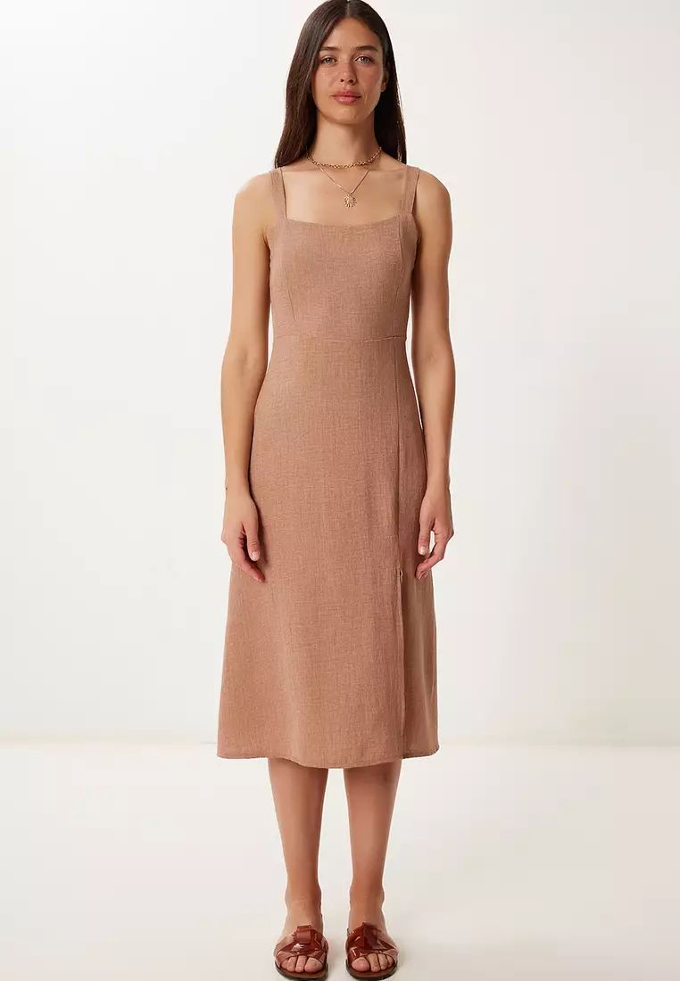 Women's Biscuit Strap Linen Blend Summer Woven Dress Zh00053