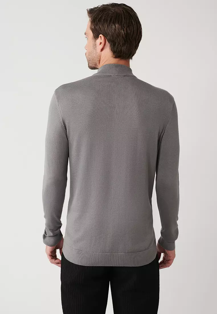 Men's Gray Stand Collar Leather Detailed Zippered Viscose Knitwear Sweater B005023