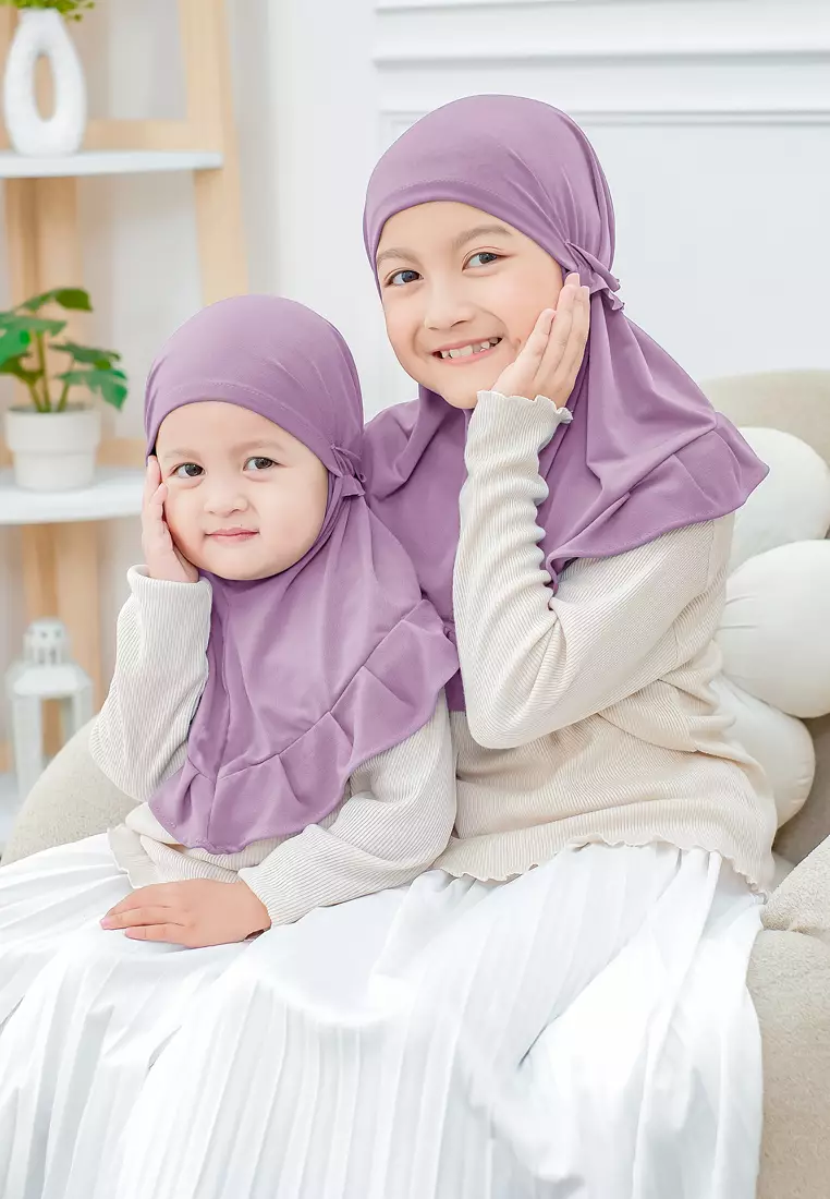 Cotton Bee - Ziva Ruffle Instan | Hijab Instan Anak | Kerudung Jilbab Bergo Tali Anak - Purple Hebe - S