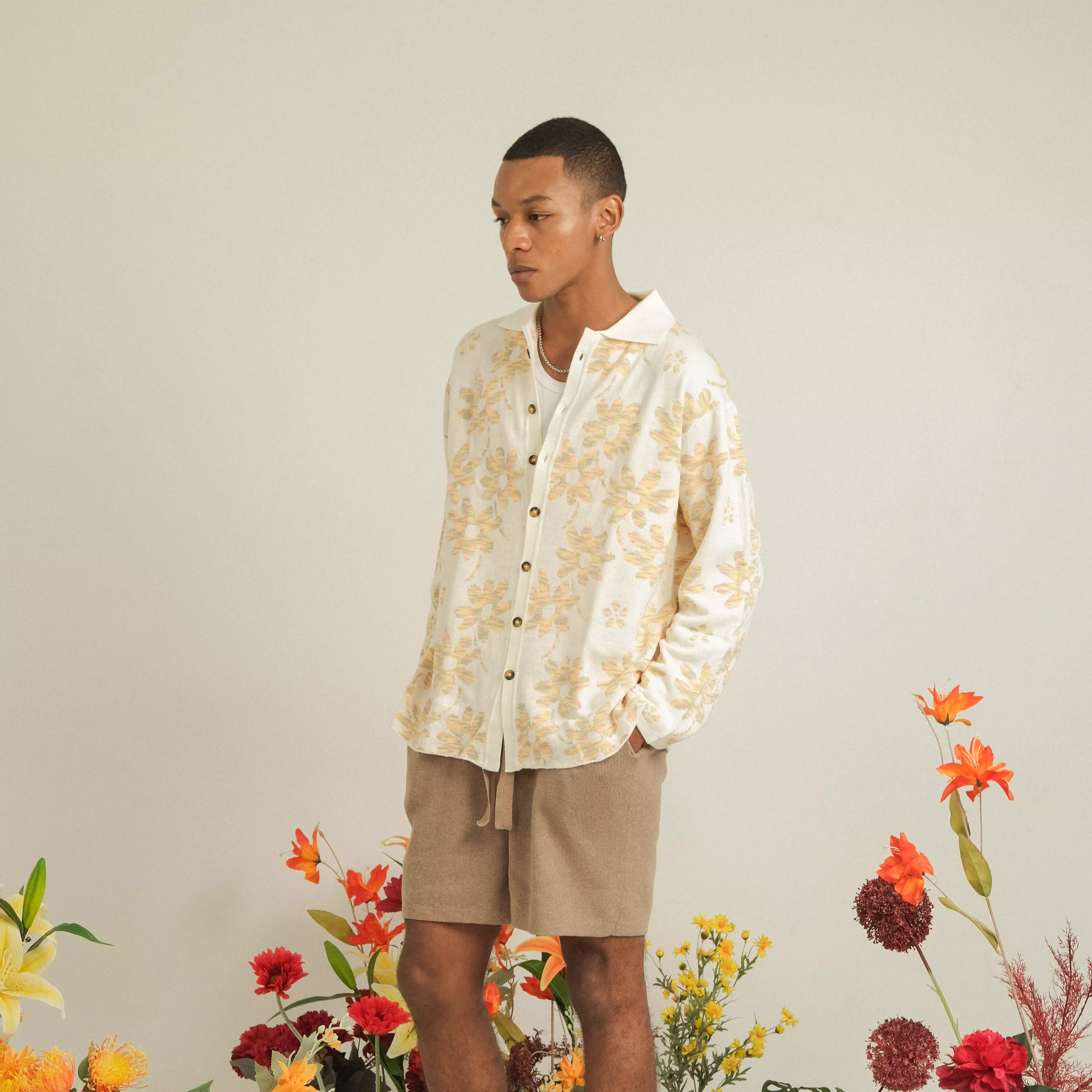 Men Flora Long Sleeve Off white Candy Yellow