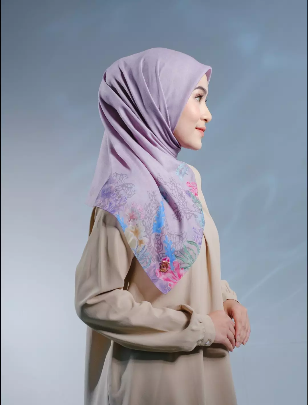 CASPIA Scarf Lilac - Kerudung Hijab Segiempat Motif With BOX - Bahan Nesla - Ukuran 115x115