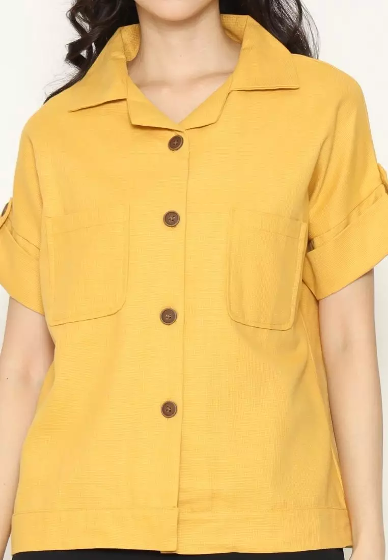 Urban Exchange Namina Yellow Waffle Shirt - Atasan Kemeja Wanita Lengan Pendek