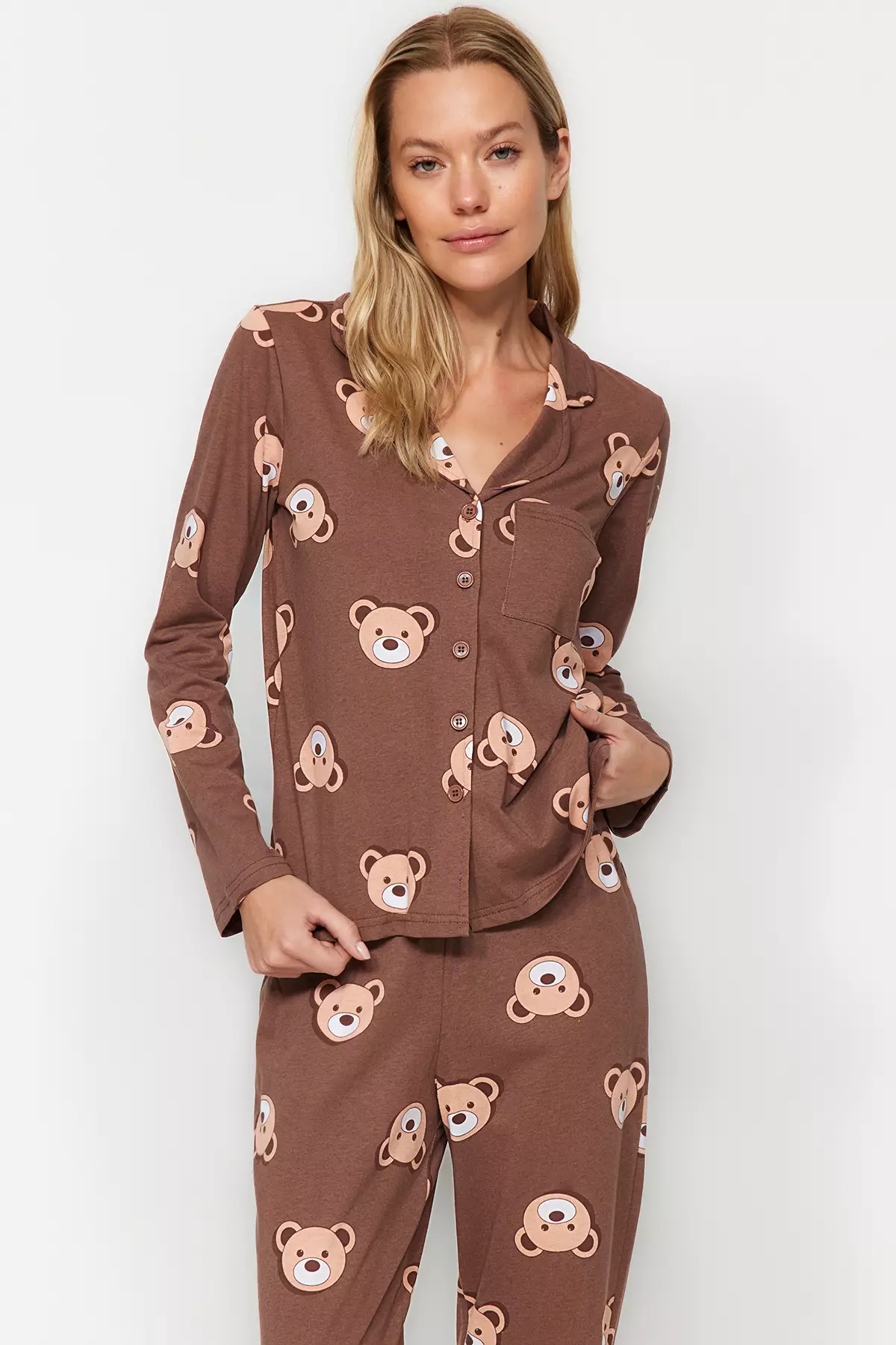 Brown 100% Cotton Teddy Bear Patterned Shirt-Pants Knitted Pajama Set Thmaw24Pt00002