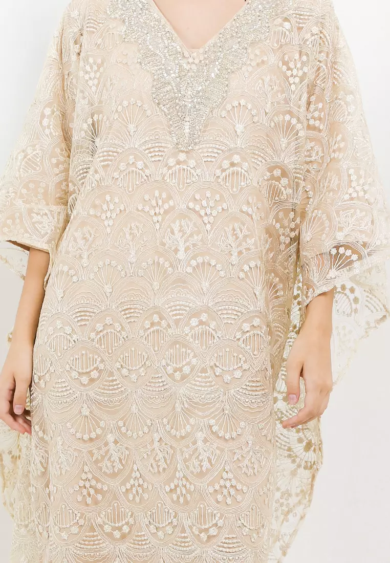 Embellished Gold Emb Tulle Batwing Kaftan