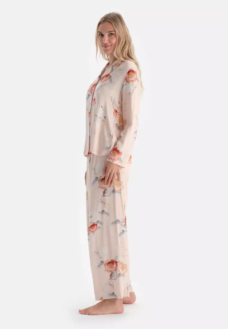 Cream Shirt, Floral Patterned, Regular Fit, Long Sleeve Sleepwear for Women