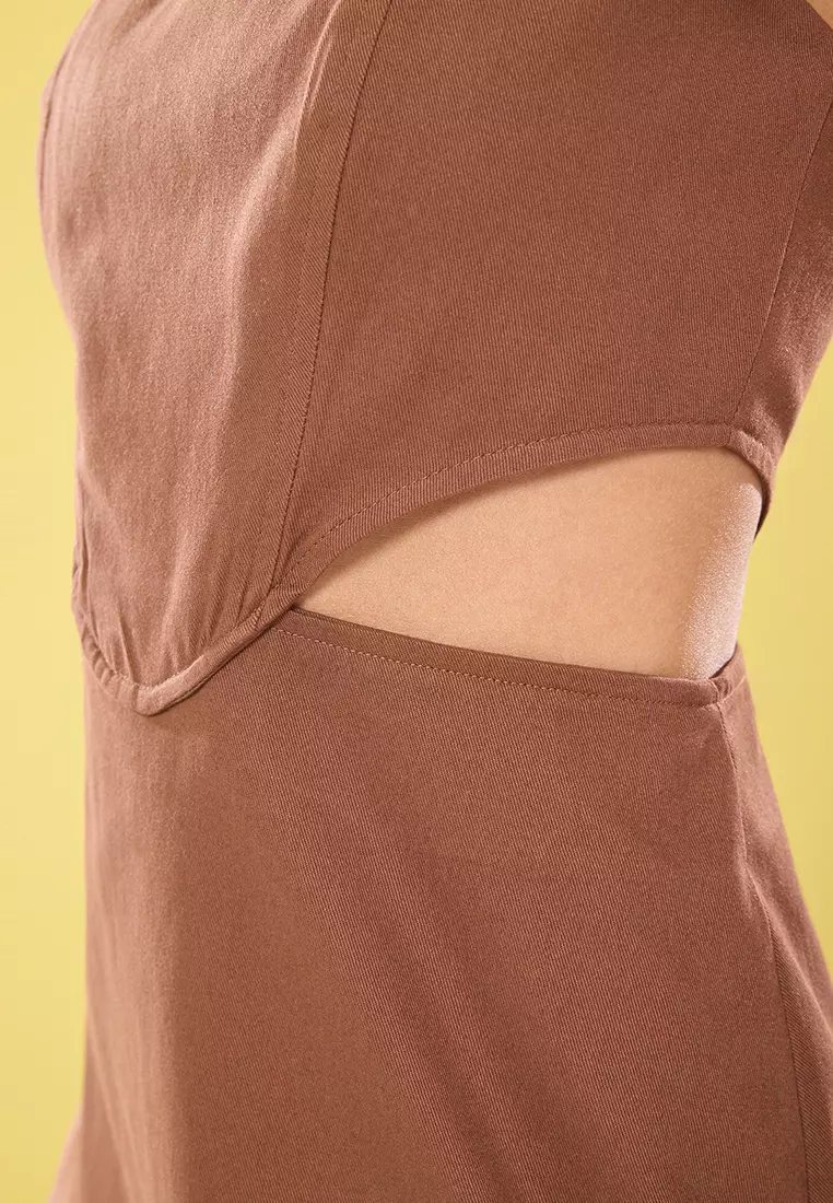 Brown A-Cut Mini Cotton Window Detail Square Neck Lined Woven Dress TWOSS23EL00596