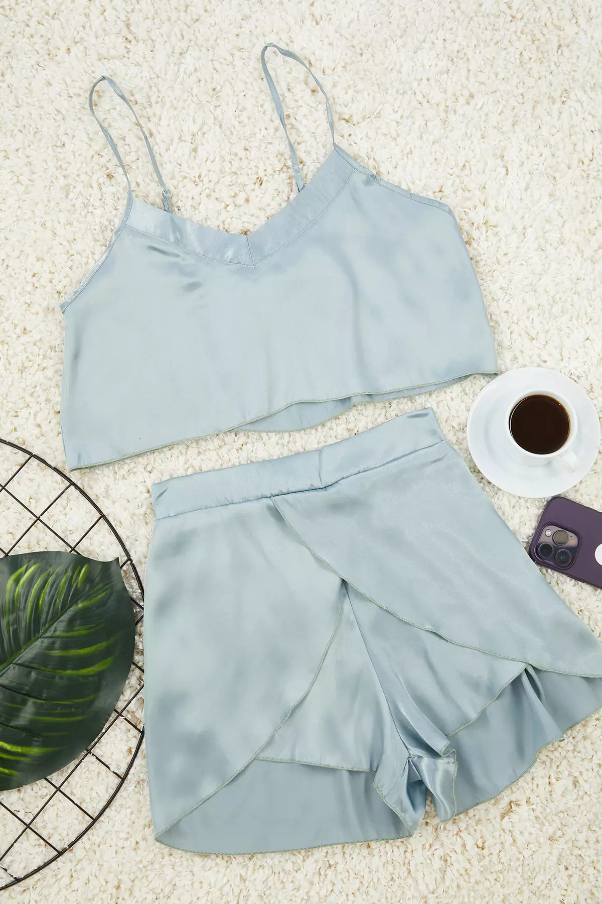 Mint Satin Rope Suspender Shorts Woven Pajama Set THMSS23PT00097