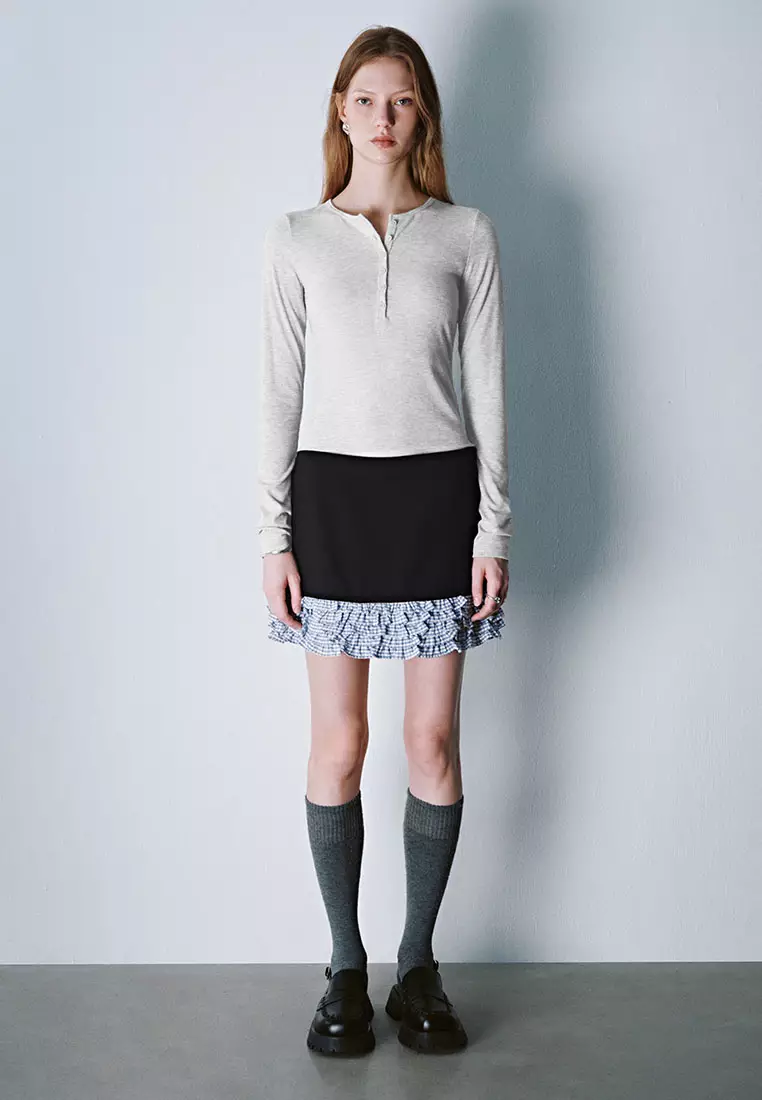 Plain Ribbed Slim-fit Long-sleeved T-shirt