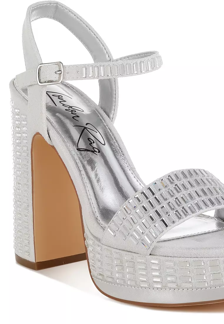 Rhinestones Embellished High Block Heels in Silver