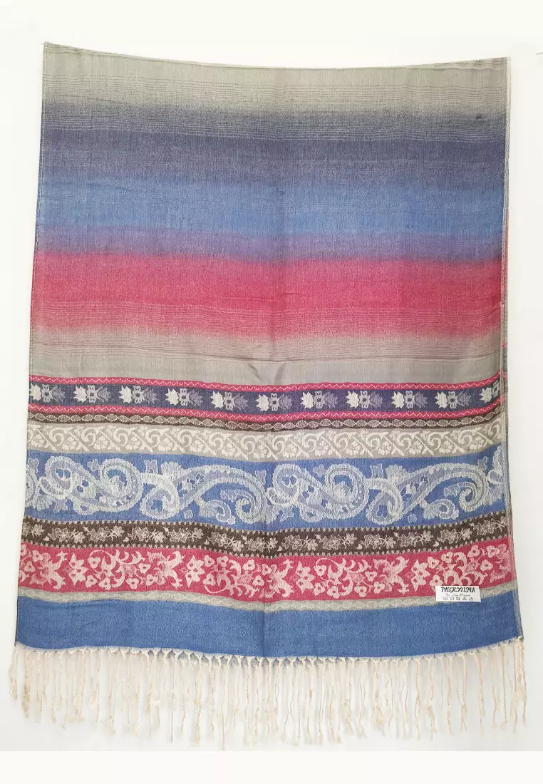 Aksesoris Wanita Reversible Viscose Multicolour Vintage Pattern Pashmina Shawl Syal Wanita Blue Azzure & Blush Pink